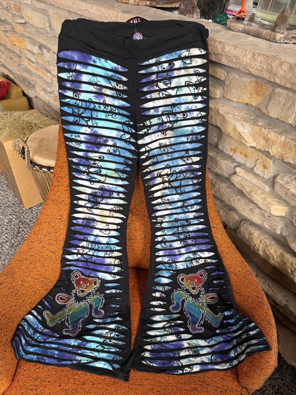 Grateful Dead Handmade Artisan Black Tie-Dye Dancing Bear Leggings Pants Yoga